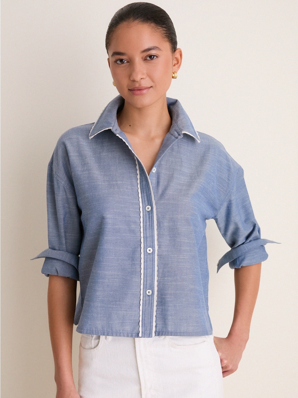 Tuckernuck NWT Cropped Jasper Button Down Shirt Size Small in Chambray Blouse
